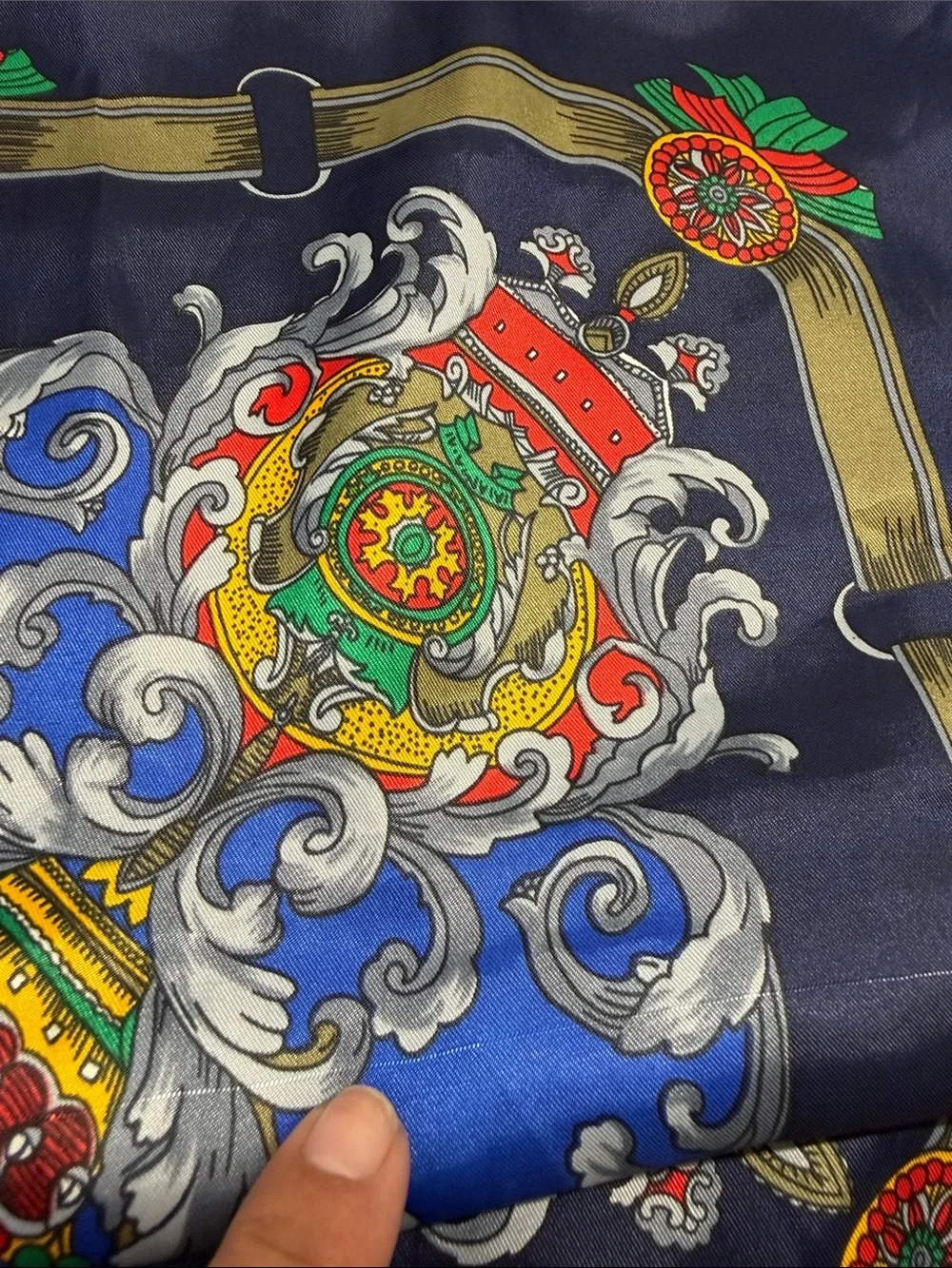Elegant Blue and Red Patterned Silk-Feel Scarf